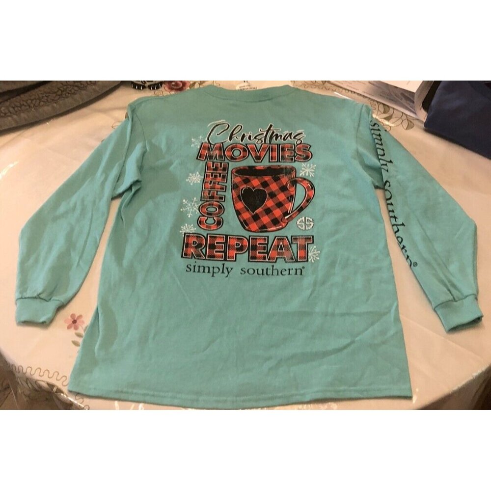 Simply Southern Long Sleeve Shirt Youth Med Xmas Movies, Coffee, Repeat NWT